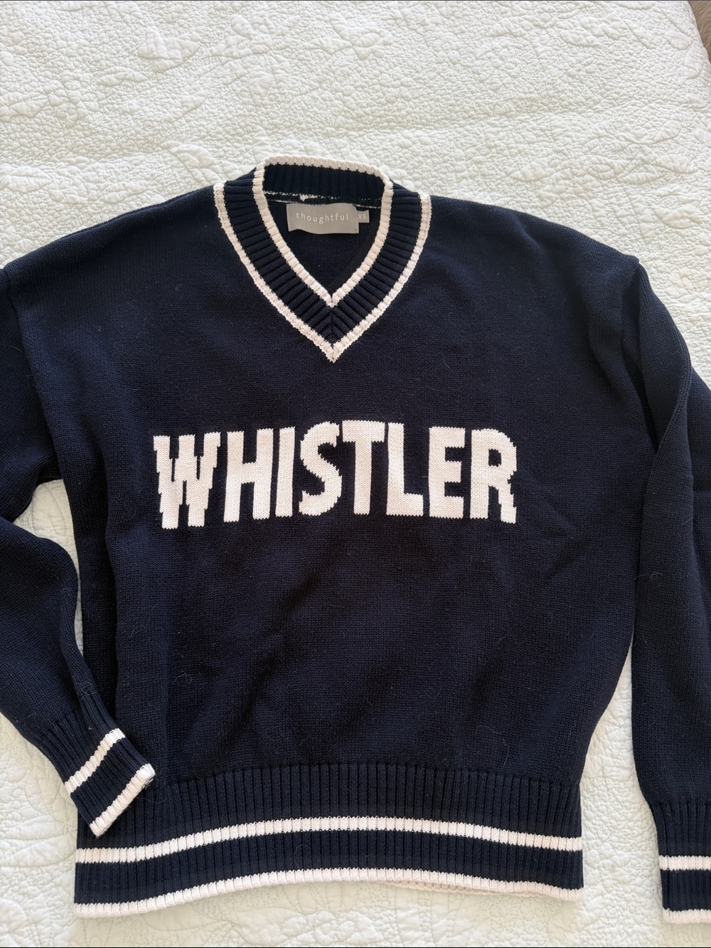 Navy V-Neck Sweater with White 'WHISTLER' Logo XS